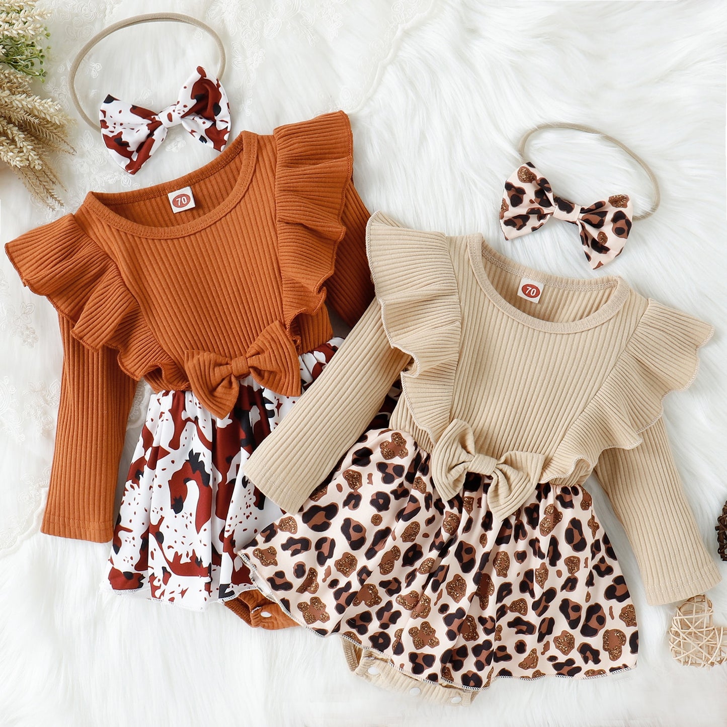 Newborn Baby Girls Autumn Winter Clothes Leopard/Cow Print Long Sleeve Ribbed Bowknot Rompers Jumpsuits Dress Headband Outfits
