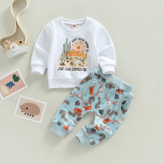 Cow Cactus Sun Print Long Sleeve Sweatshirts+Pocket Long Pants