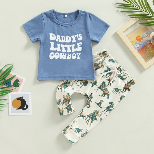 Daddy's Little Cowboy Short Sleeve T-shirts+Horse Print Drawstring Long Pants Outfits