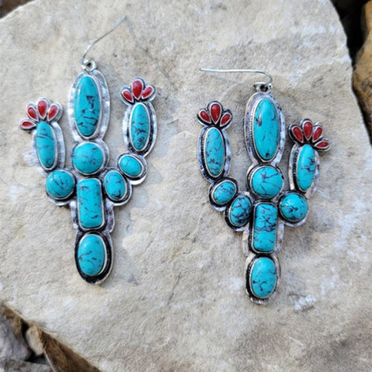 Boho Turquoise Cactus Stone Dangle Earrings with Red Flowers