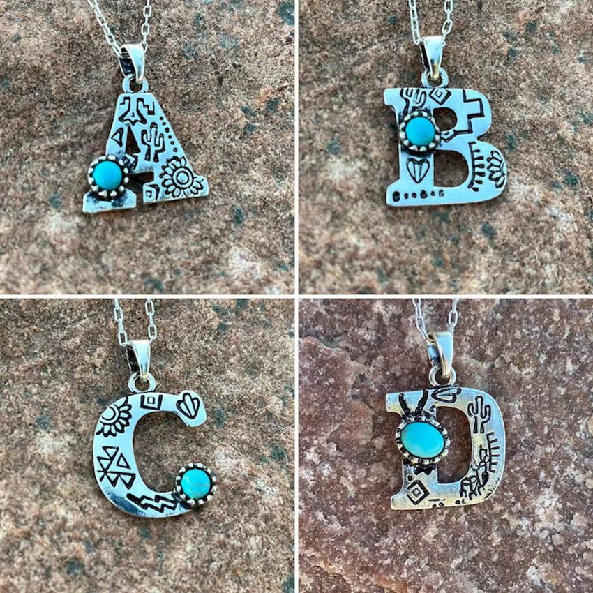 Stainless Steel Stamped Desert Cactus Turquoise Aztec Initial Necklace