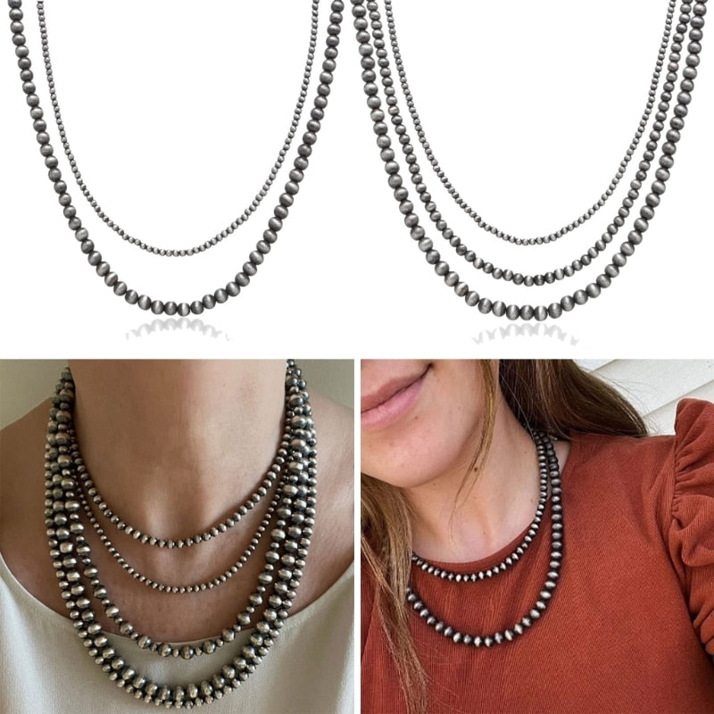 Vintage Grey-Pearl Beads Necklace Choker Fashion Western Necklace Jewelry Navajo Pearl Layered Necklace Clavicle Chain 