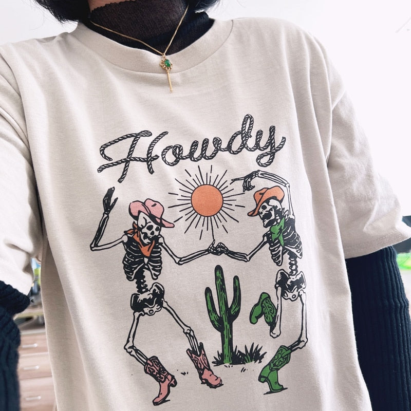 Howdy Skeleton Cowgirl Western Style T Shirt